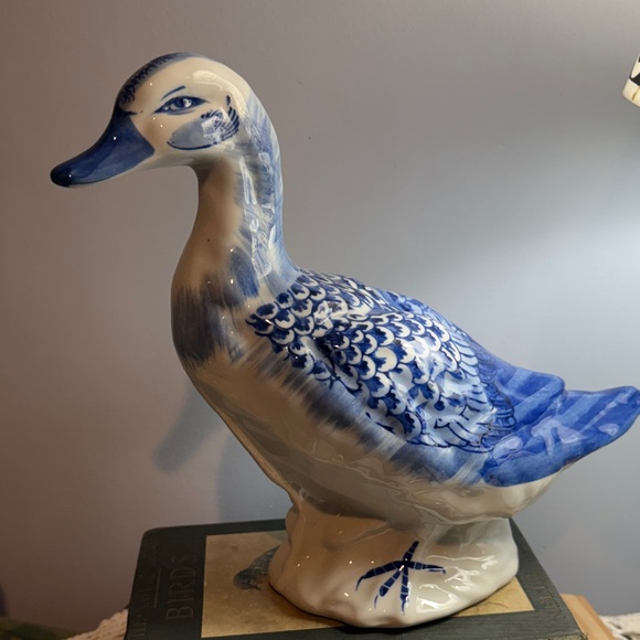 Vintage Delft Style Blue and White Ceramic Duck Figurine